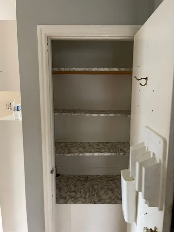 The pantry before: an empty closet with grey marbled shelves and a white organizer on the door.