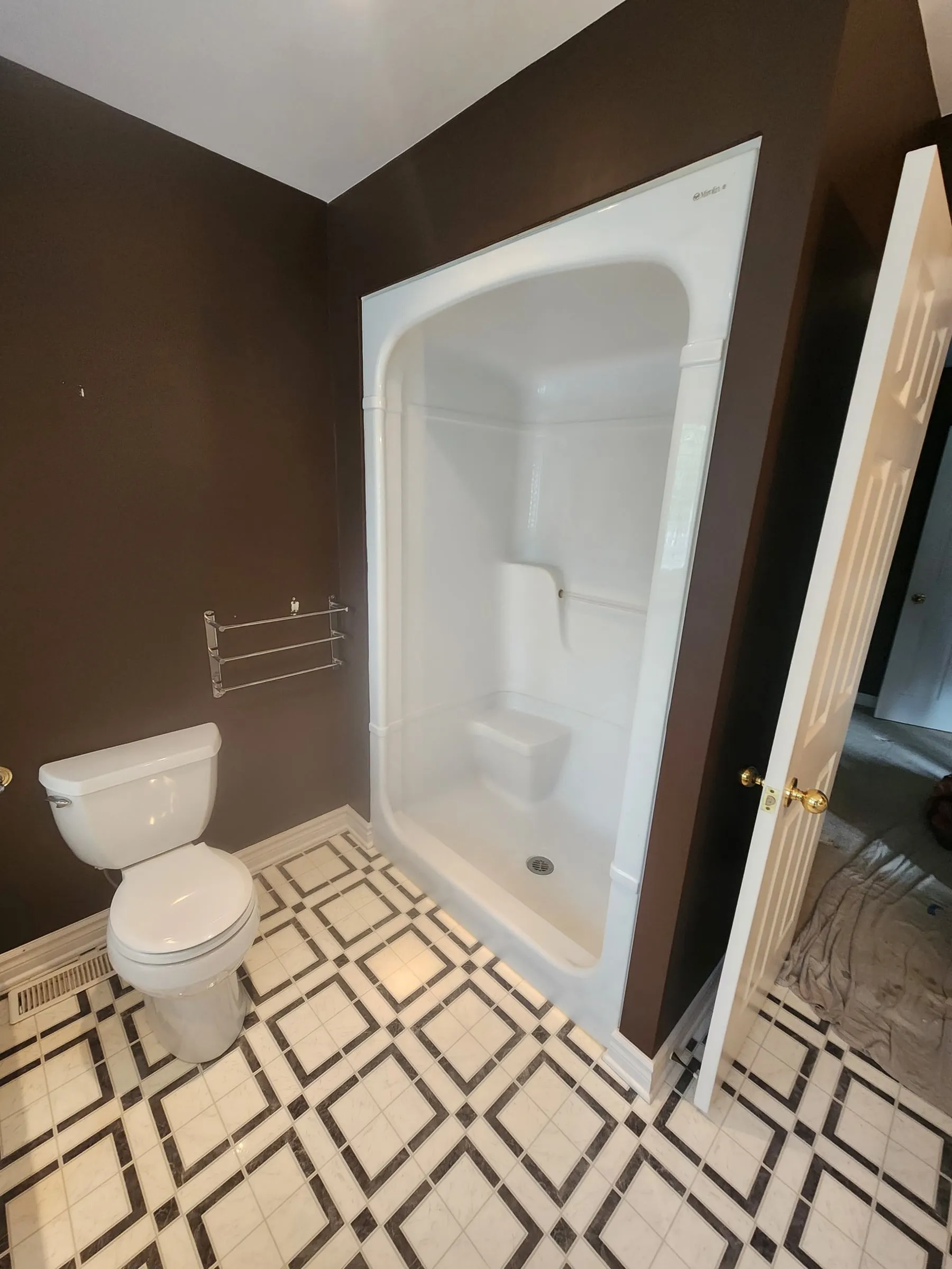 A white one-piece shower stall and a toilet against dark brown walls, on the patterned tile floor.