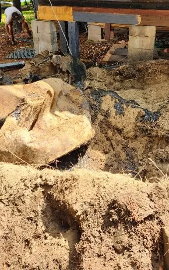 The old septic system excavated beside the cottage's block piers, showing sandy soil and dark, wet sludge.