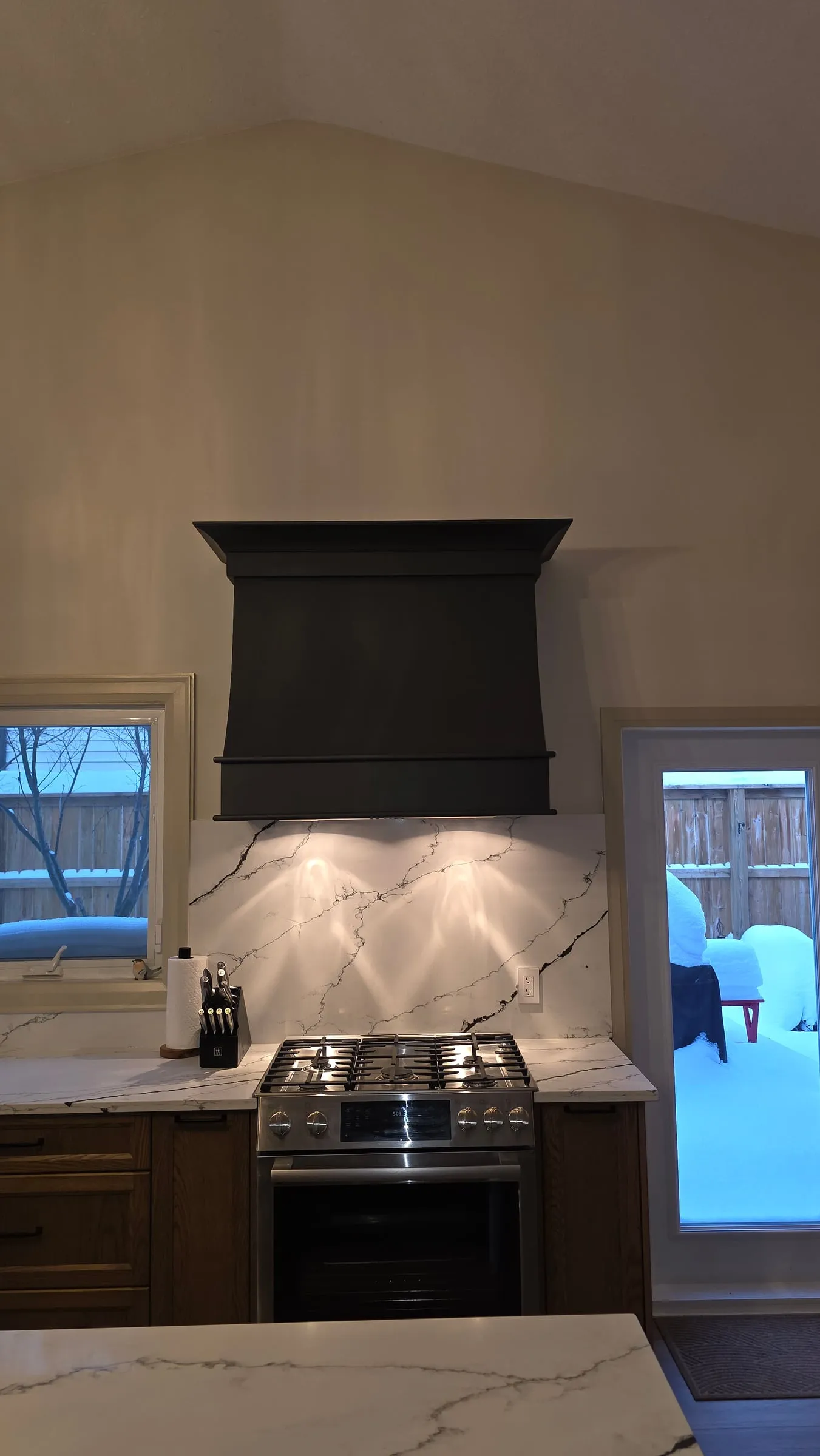 The range wall from the front: the black hood, a gas range and a lit backsplash, with a window on the left and a glass door on the right.